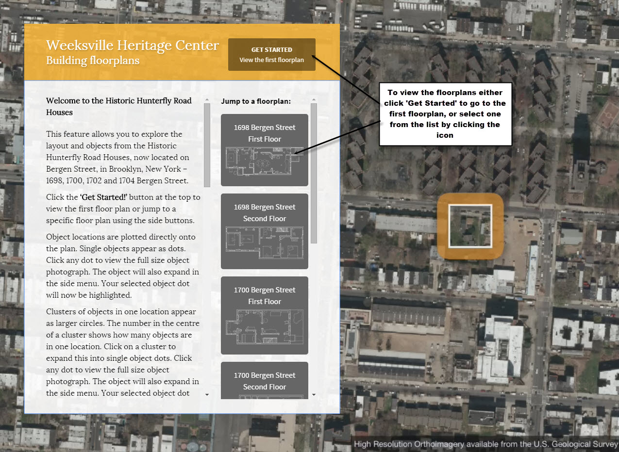 Screenshot of Weeksville Heritage Centre exhibition homepage with introduction and floorplans